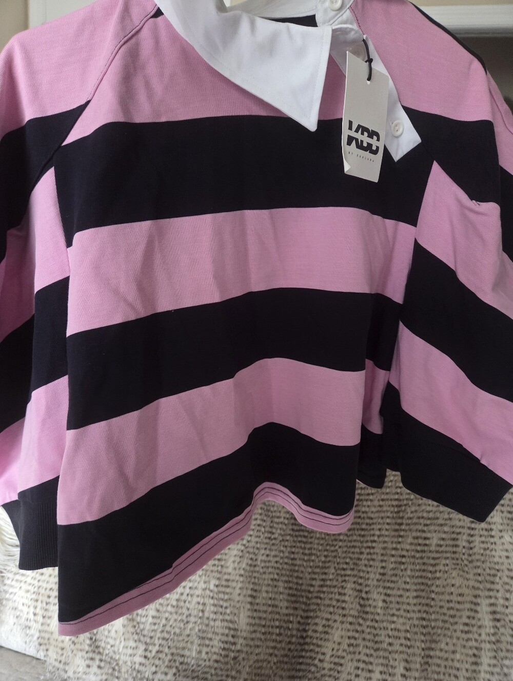 KBB by Khalana Puff-Sleeve Rugby Polo Top - Pink & Navy - Picture 4 of 6